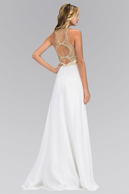 Jewel and Bead Embellished Long Dress with Back Cut Out-3